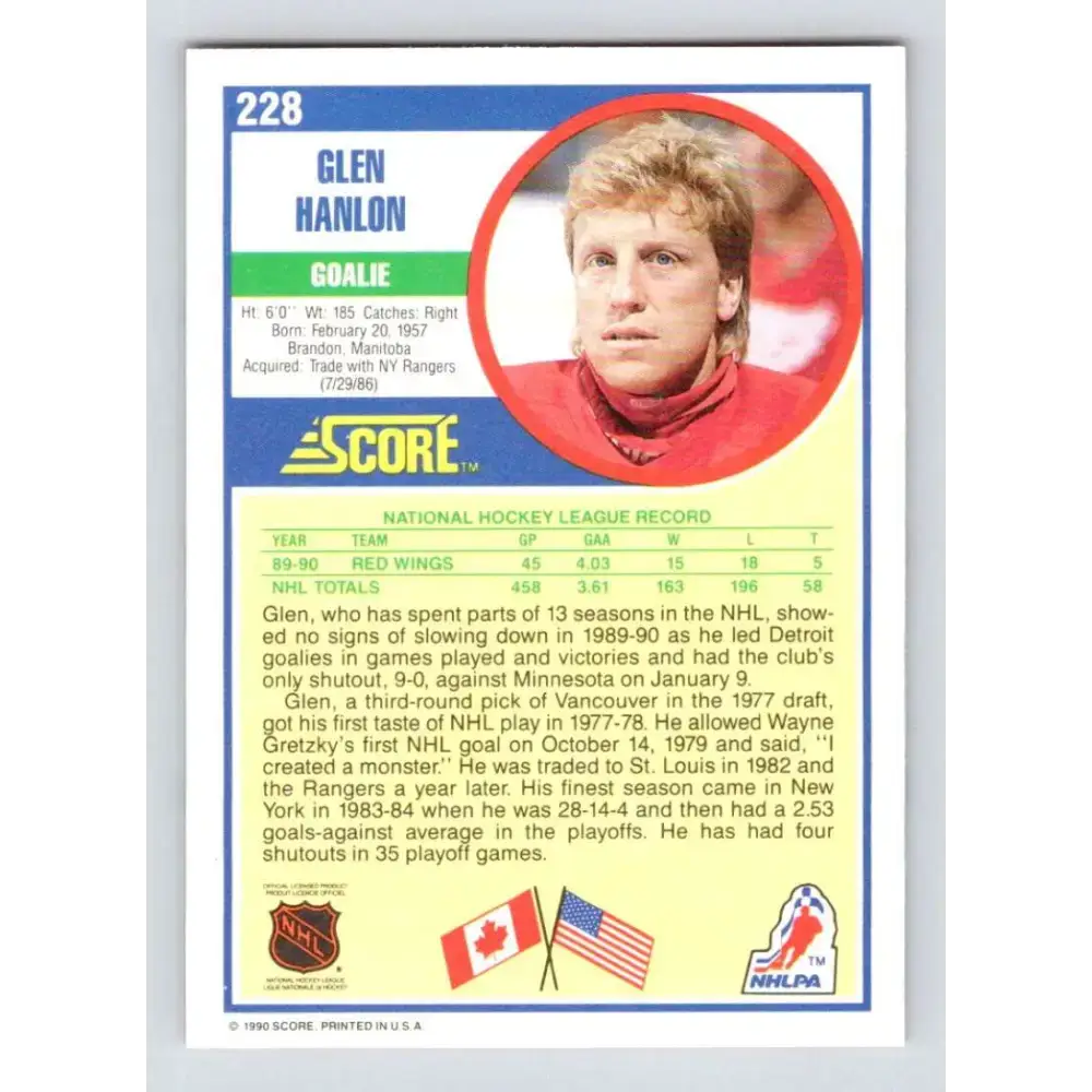 1990-91 Score #228 Glen Hanlon NM-MT Detroit Red Wings Hockey Card - Hockey Card Single