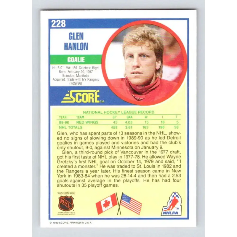 1990-91 Score #228 Glen Hanlon NM-MT Detroit Red Wings Hockey Card - Hockey Card Single
