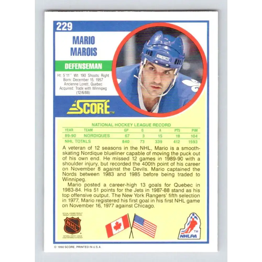 1990-91 Score #229 Mario Marois NM-MT Quebec Nordiques Hockey Card - Hockey Card Single