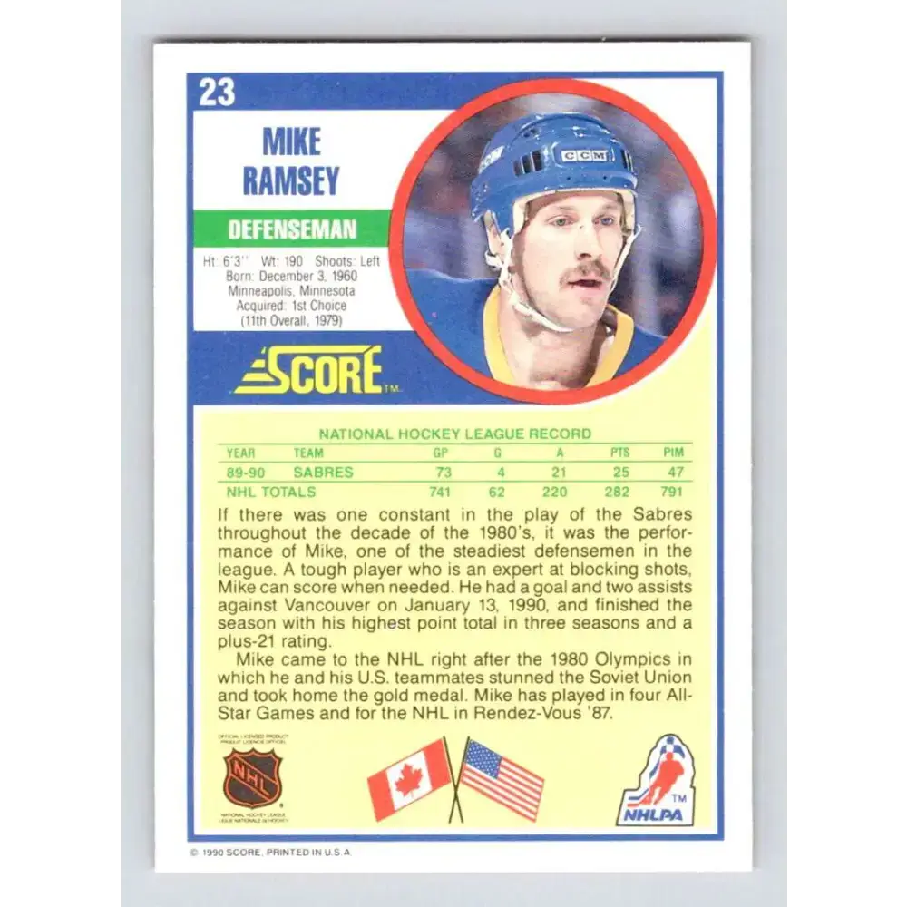 1990-91 Score #23 Mike Ramsey NM-MT Buffalo Sabres Hockey Card - Hockey Card Single