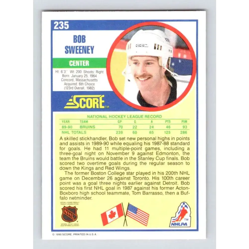 1990-91 Score #235 Bob Sweeney NM-MT Boston Bruins Hockey Card - Hockey Card Single