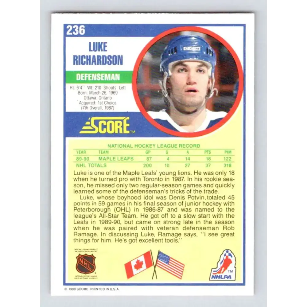 1990-91 Score #236 Luke Richardson NM-MT Toronto Maple Leafs Hockey Card - Hockey Card Single