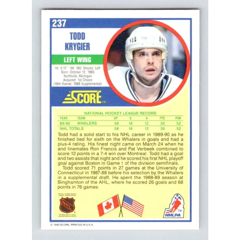 1990-91 Score #237 Todd Krygier NM-MT RC Rookie Hartford Whalers Hockey Card