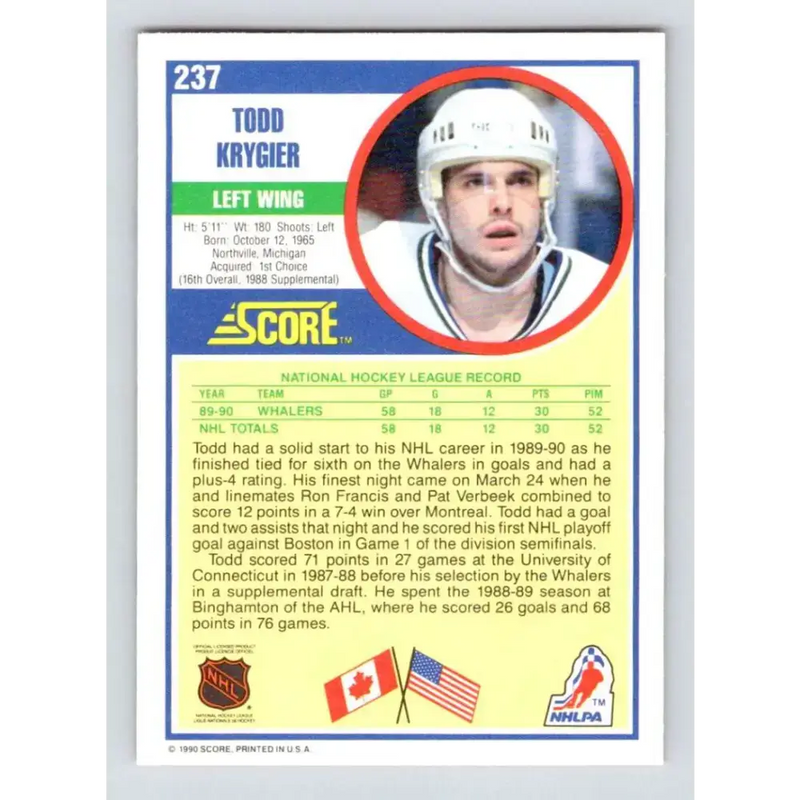 1990-91 Score #237 Todd Krygier NM-MT RC Rookie Hartford Whalers Hockey Card