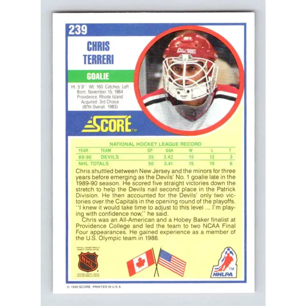 1990-91 Score #239 Chris Terreri NM-MT RC Rookie New Jersey Devils Hockey Card - Hockey Card Single