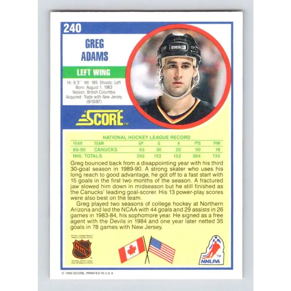 1990-91 Score #240 Greg Adams NM-MT Vancouver Canucks Hockey Card