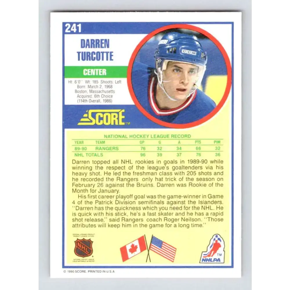 1990-91 Score #241 Darren Turcotte NM-MT RC Rookie New York Rangers Hockey Card - Hockey Card Single