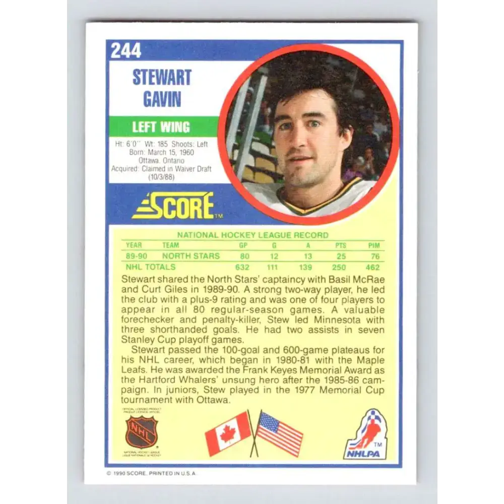 1990-91 Score #244 Stewart Gavin NM-MT Minnesota North Stars Hockey Card - Hockey Card Single