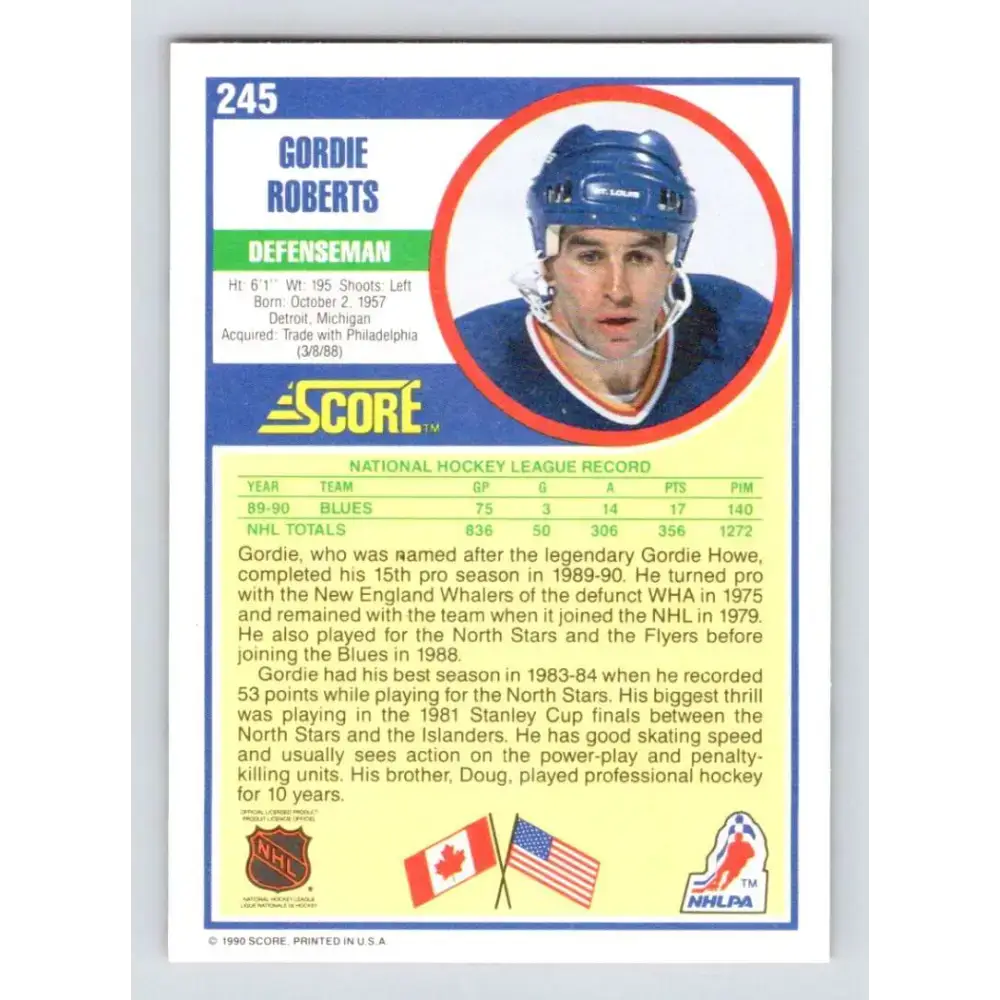 1990-91 Score #245 Gordie Roberts NM-MT St. Louis Blues Hockey Card - Hockey Card Single