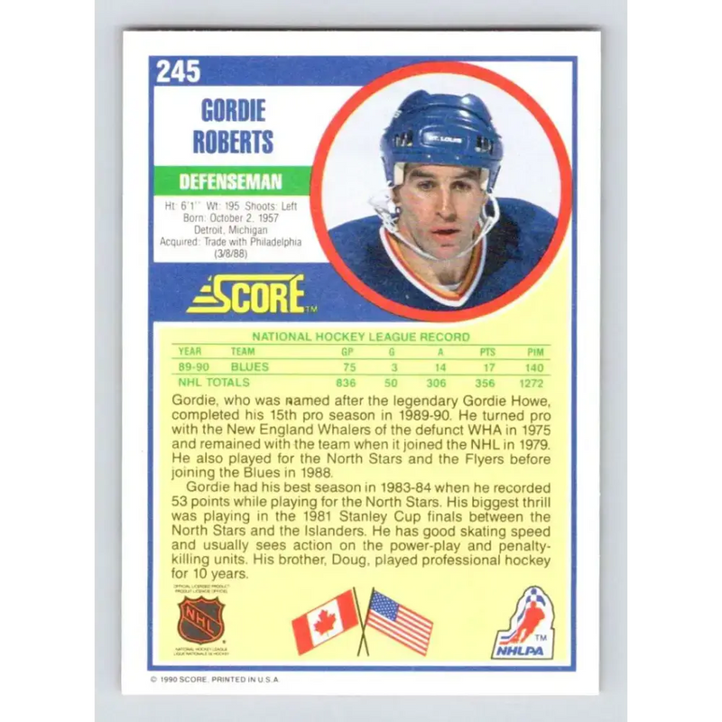 1990-91 Score #245 Gordie Roberts NM-MT St. Louis Blues Hockey Card - Hockey Card Single