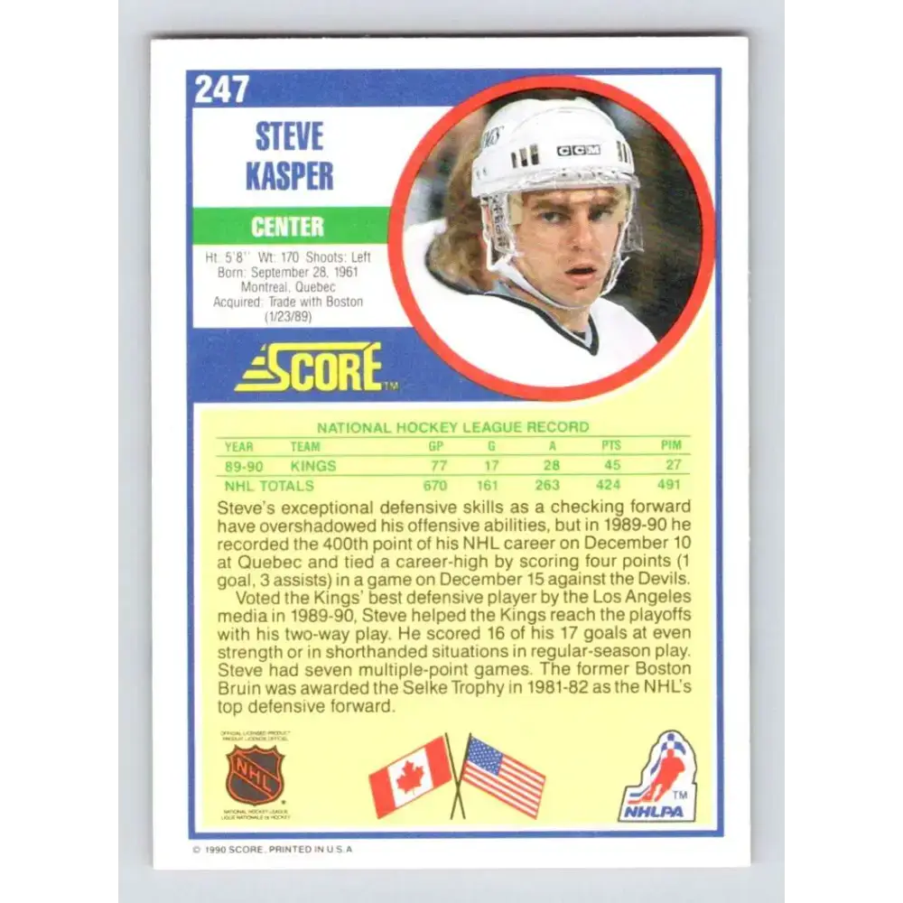1990-91 Score #247 Steve Kasper NM-MT Los Angeles Kings Hockey Card - Hockey Card Single
