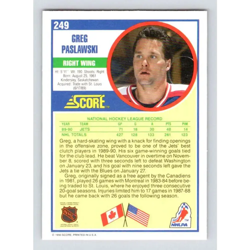 1990-91 Score #249 Greg Paslawski NM-MT Winnipeg Jets Hockey Card - Hockey Card Single