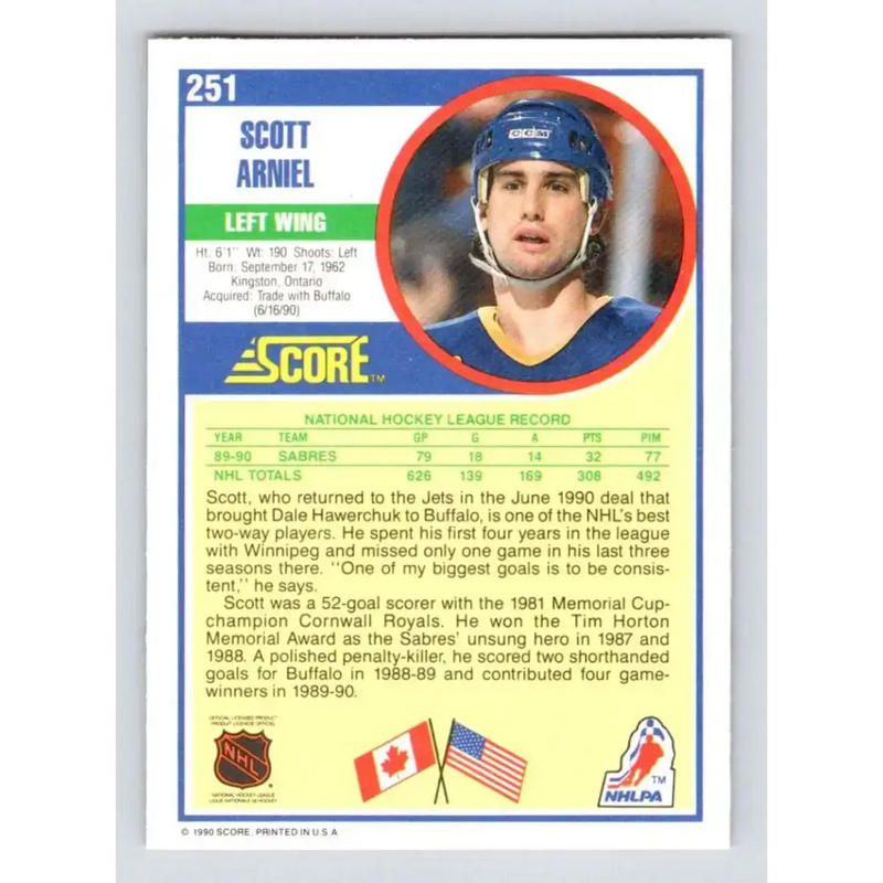 1990-91 Score #251 Scott Arniel NM-MT Buffalo Sabres Hockey Card - Hockey Card Single