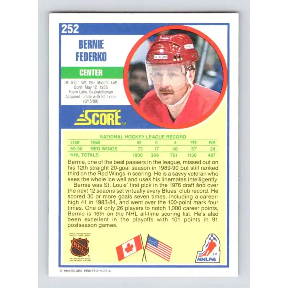 1990-91 Score #252 Bernie Federko NM-MT Detroit Red Wings Hockey Card - Hockey Card Single