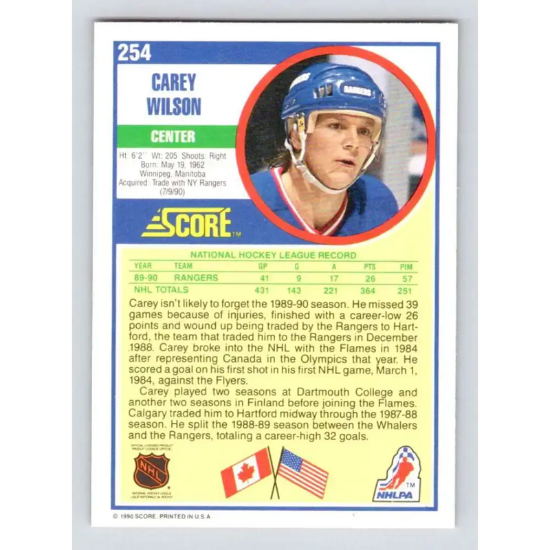1990-91 Score #254 Carey Wilson NM-MT New York Rangers Hockey Card