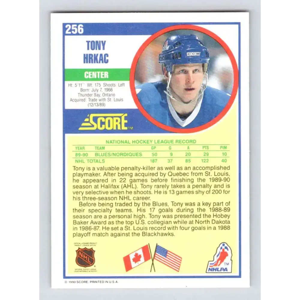 1990-91 Score #256 Tony Hrkac NM-MT Quebec Nordiques Hockey Card - Hockey Card Single