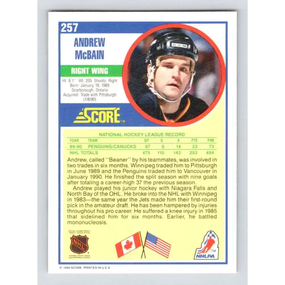 1990-91 Score #257 Andrew McBain NM-MT Vancouver Canucks Hockey Card - Hockey Card Single