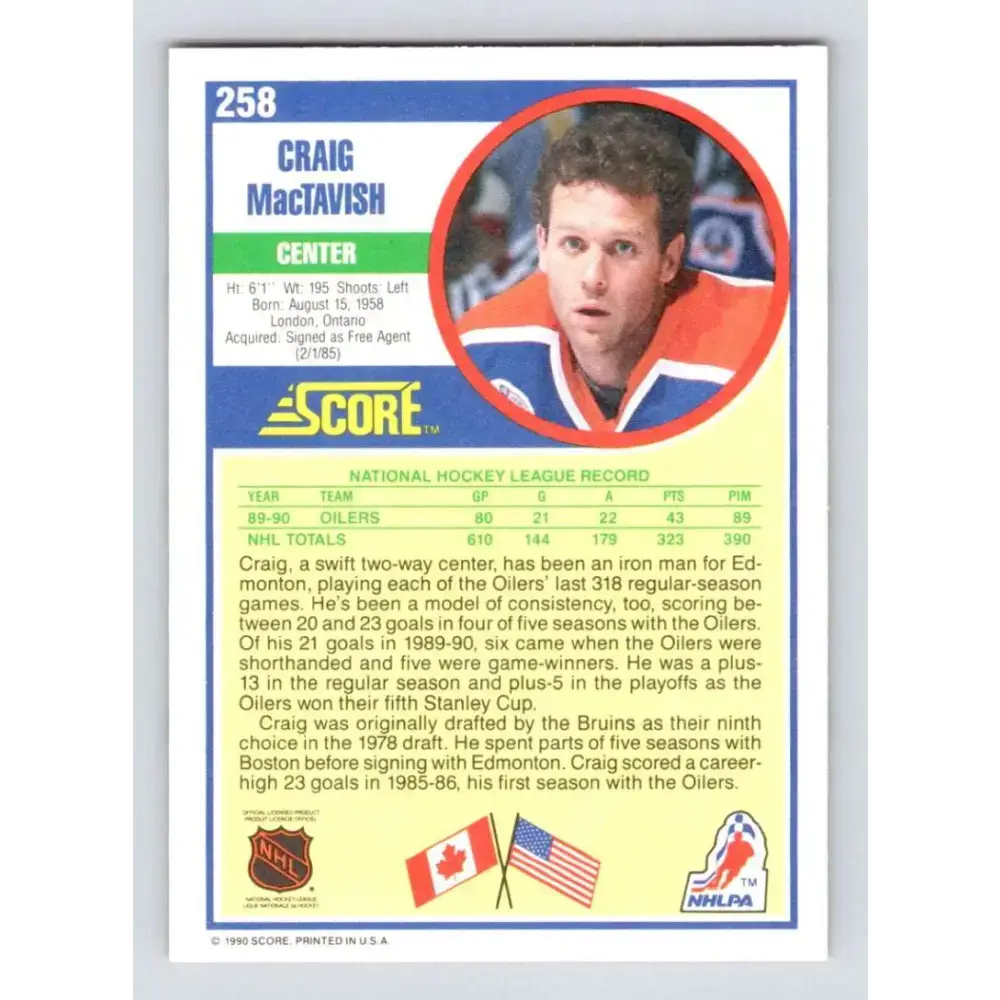 1990-91 Score #258 Craig MacTavish NM-MT Edmonton Oilers Hockey Card - Hockey Card Single