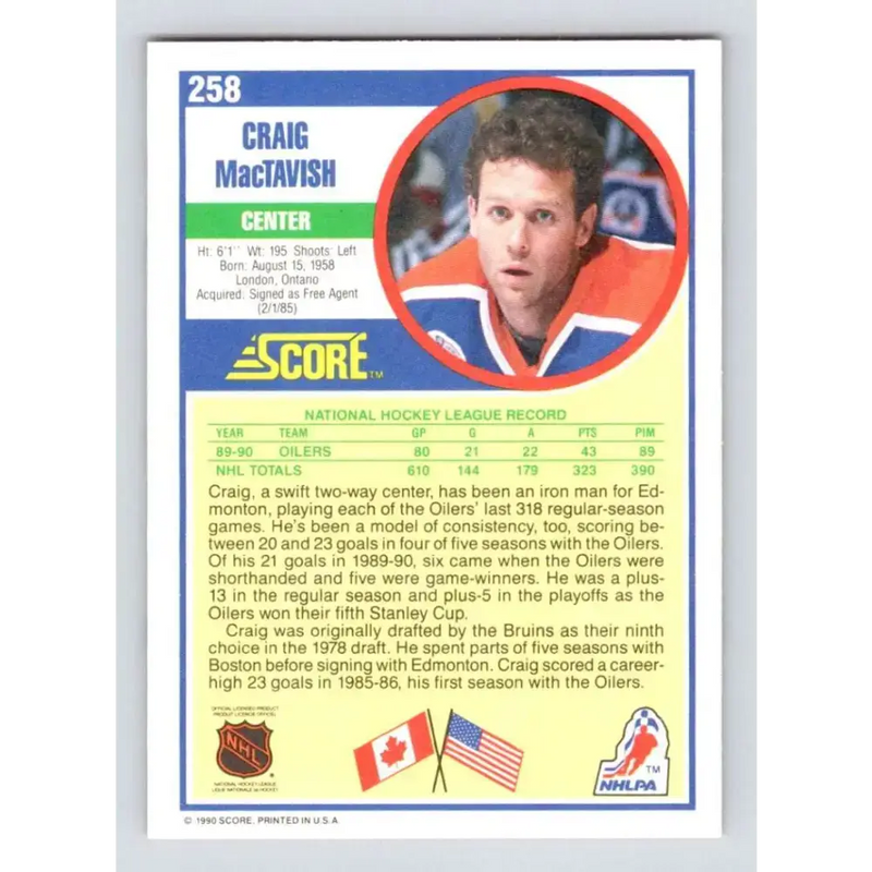 1990-91 Score #258 Craig MacTavish NM-MT Edmonton Oilers Hockey Card - Hockey Card Single