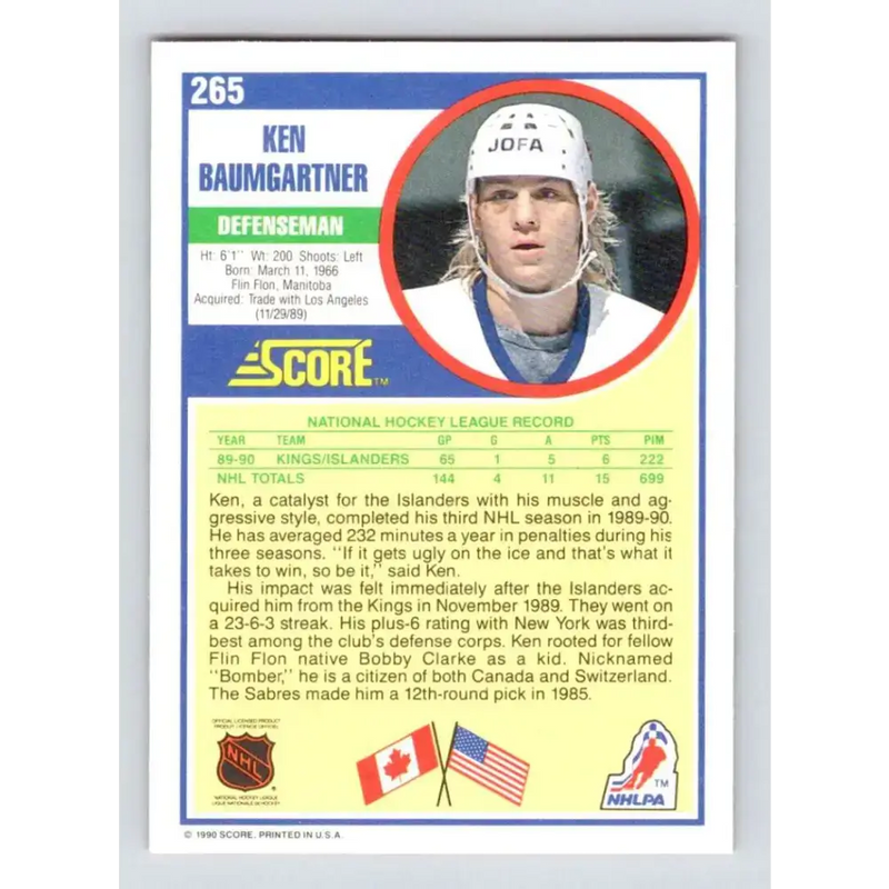 1990-91 Score #265 Ken Baumgartner NM-MT RC Rookie New York Islanders Hockey Card - Hockey Card Single