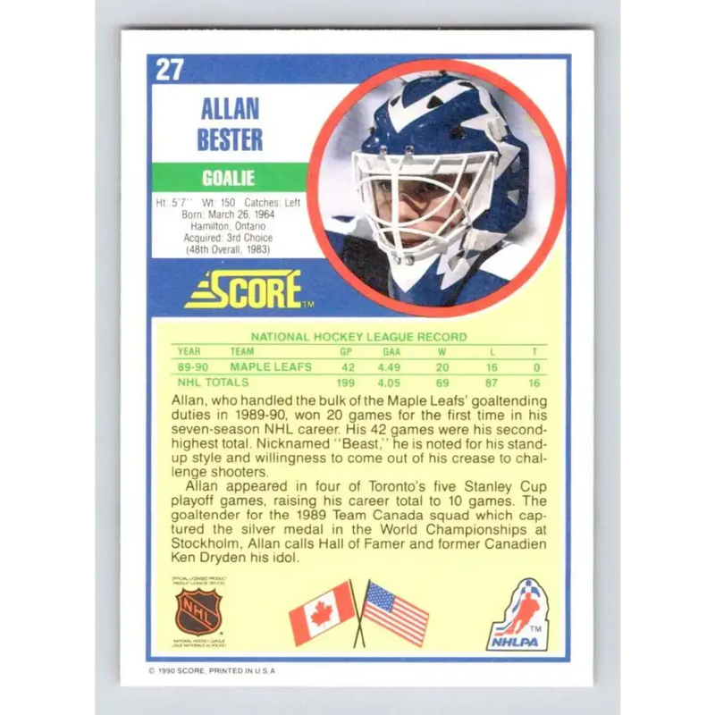 1990-91 Score #27 Allan Bester NM-MT Toronto Maple Leafs Hockey Card - Hockey Card Single