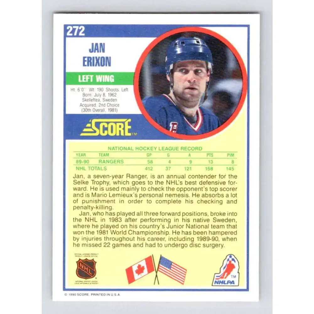 1990-91 Score #272 Jan Erixon NM-MT New York Rangers Hockey Card - Hockey Card Single