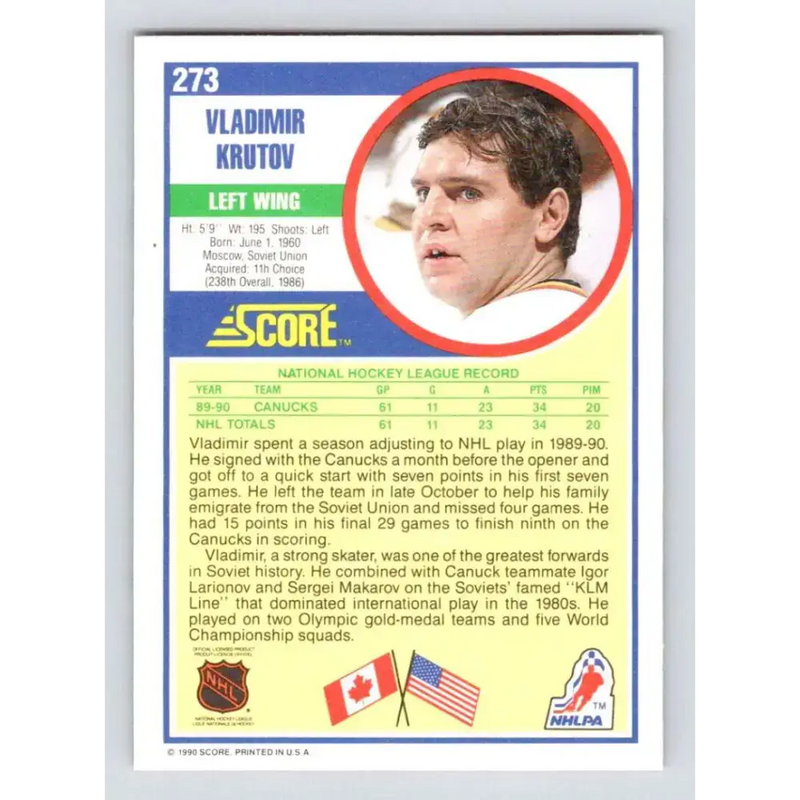 1990-91 Score #273 Vladimir Krutov NM-MT RC Rookie Vancouver Canucks Hockey Card - Hockey Card Single