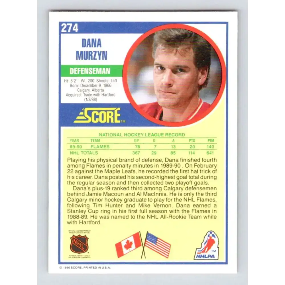 1990-91 Score #274 Dana Murzyn NM-MT Calgary Flames Hockey Card - Hockey Card Single
