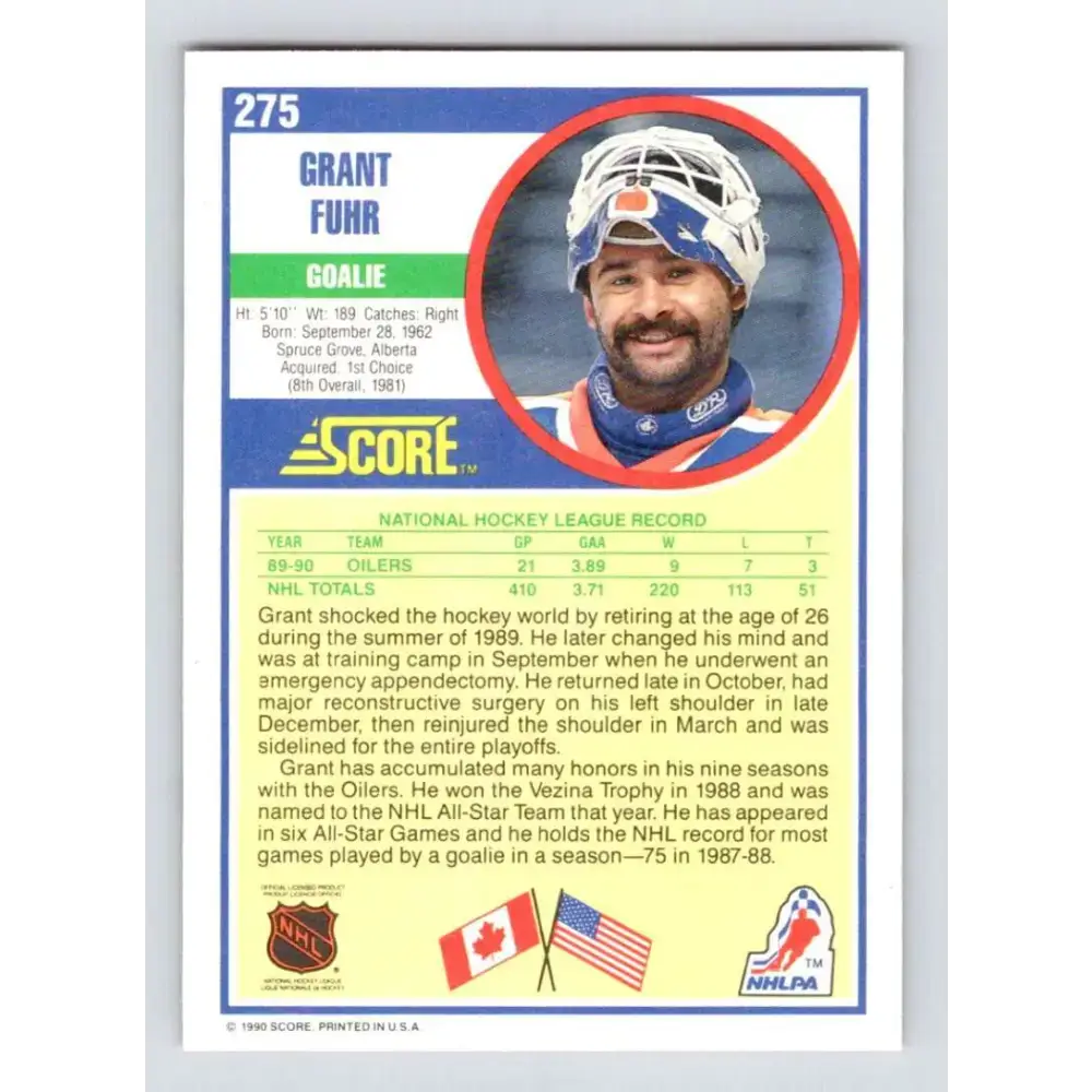 1990-91 Score #275 Grant Fuhr NM-MT Edmonton Oilers Hockey Card - Hockey Card Single
