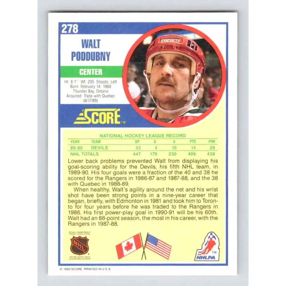 1990-91 Score #278 Walt Poddubny NM-MT New Jersey Devils Hockey Card - Hockey Card Single