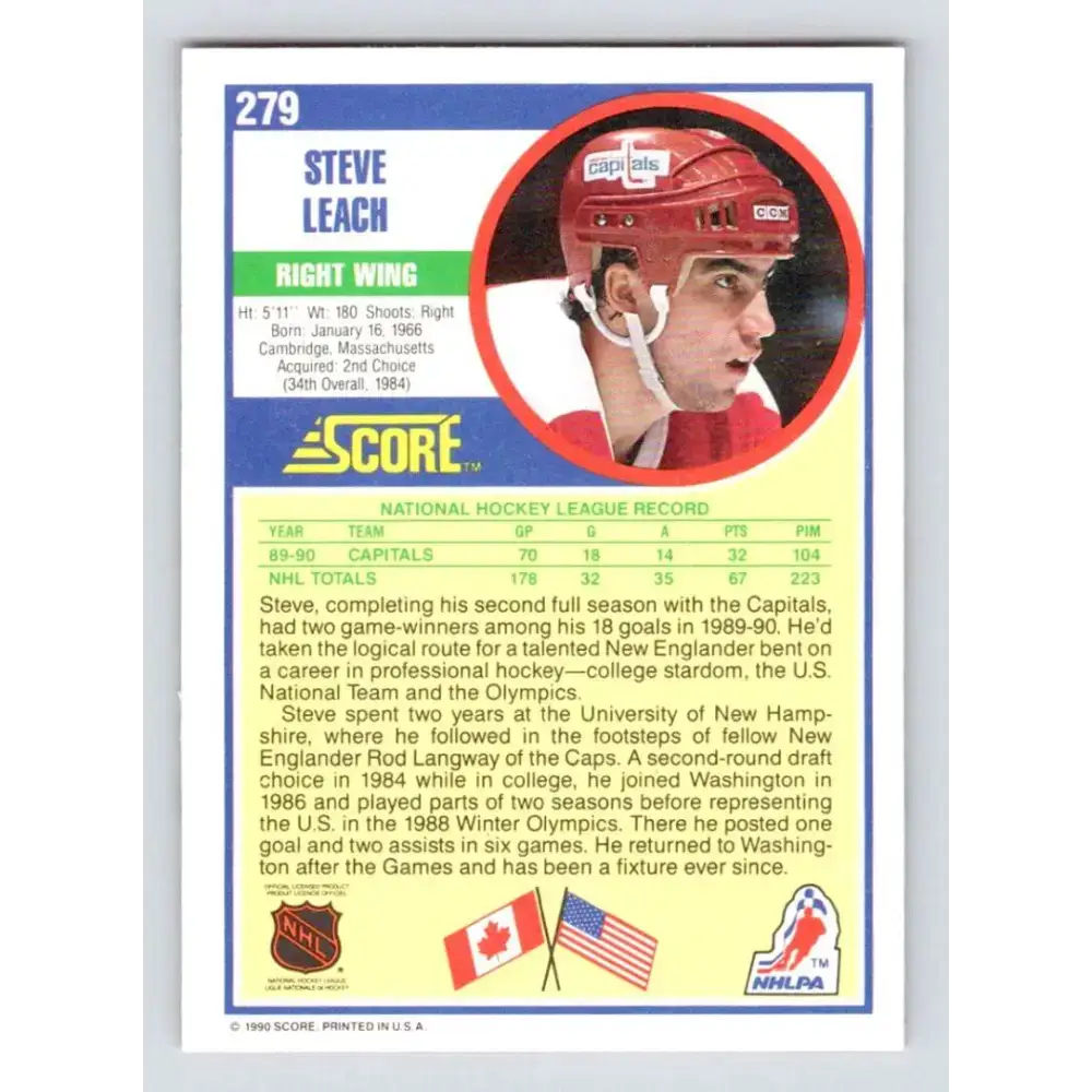 1990-91 Score #279 Steve Leach NM-MT Washington Capitals Hockey Card - Hockey Card Single