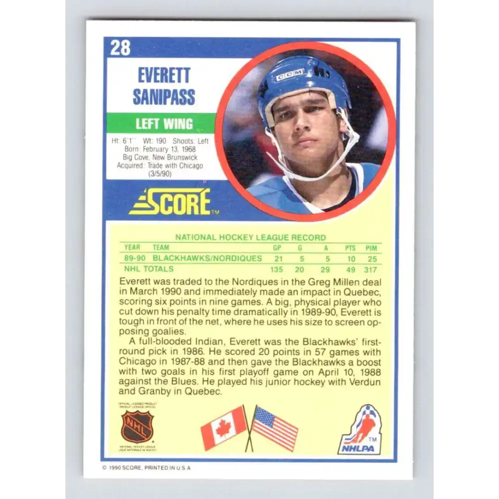1990-91 Score #28 Everett Sanipass NM-MT RC Rookie Quebec Nordiques Hockey Card - Hockey Card Single