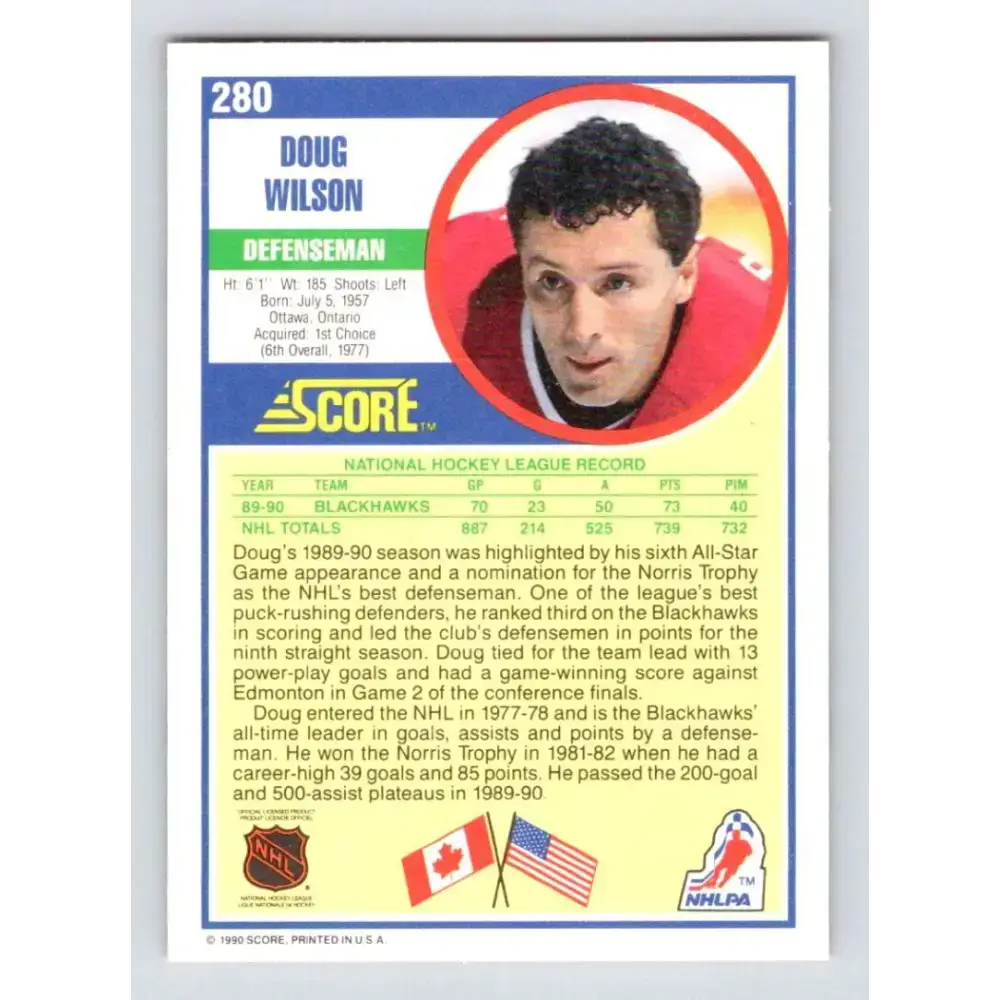1990-91 Score #280 Doug Wilson NM-MT Chicago Blackhawks Hockey Card - Hockey Card Single