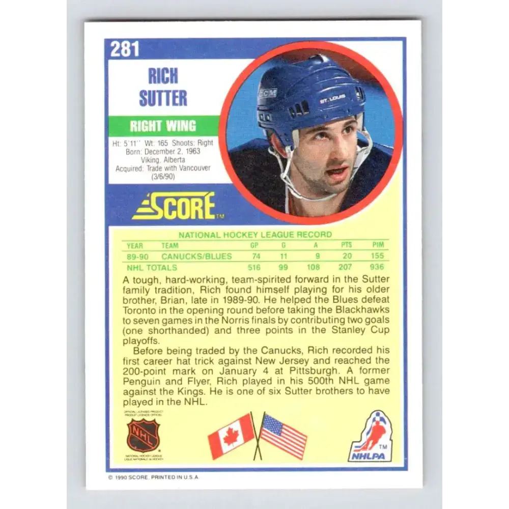 1990-91 Score #281 Rich Sutter NM-MT St. Louis Blues Hockey Card - Hockey Card Single