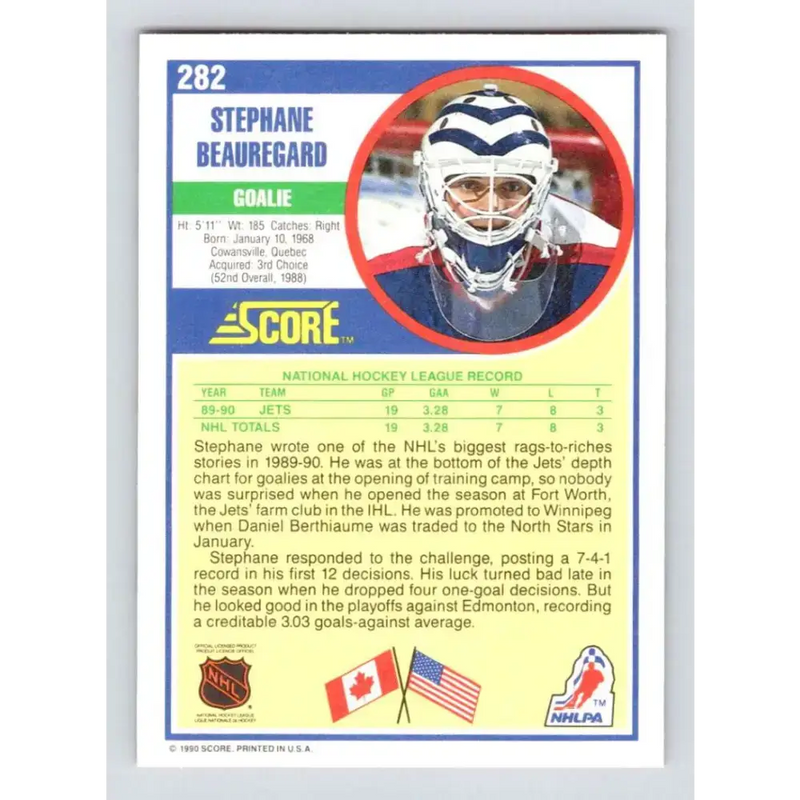 1990-91 Score #282 Stephane Beauregard NM-MT RC Rookie Winnipeg Jets Hockey Card - Hockey Card Single