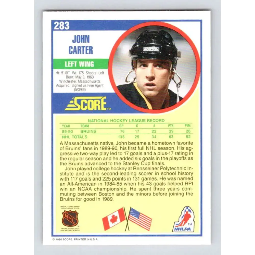 1990-91 Score #283 John Carter NM-MT RC Rookie Boston Bruins Hockey Card - Hockey Card Single