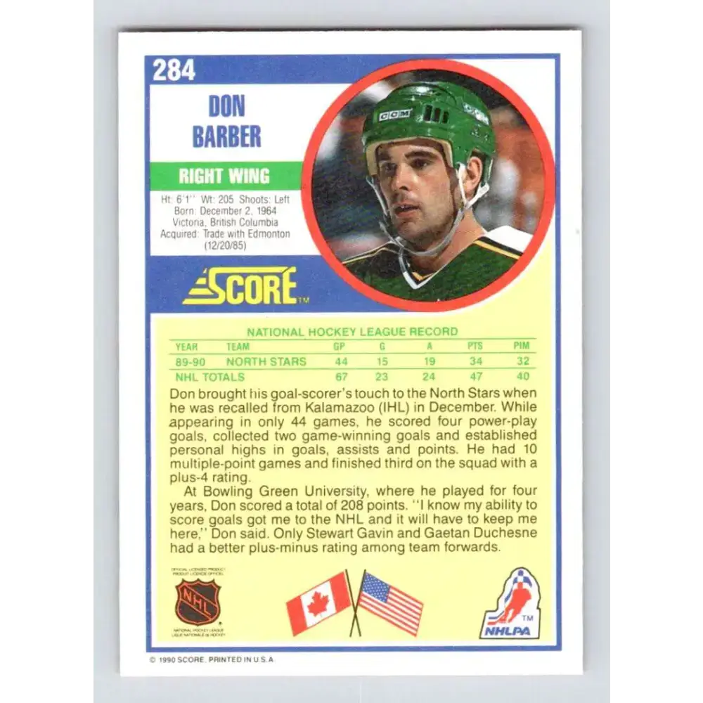 1990-91 Score #284 Don Barber NM-MT RC Rookie Minnesota North Stars Hockey Card - Hockey Card Single