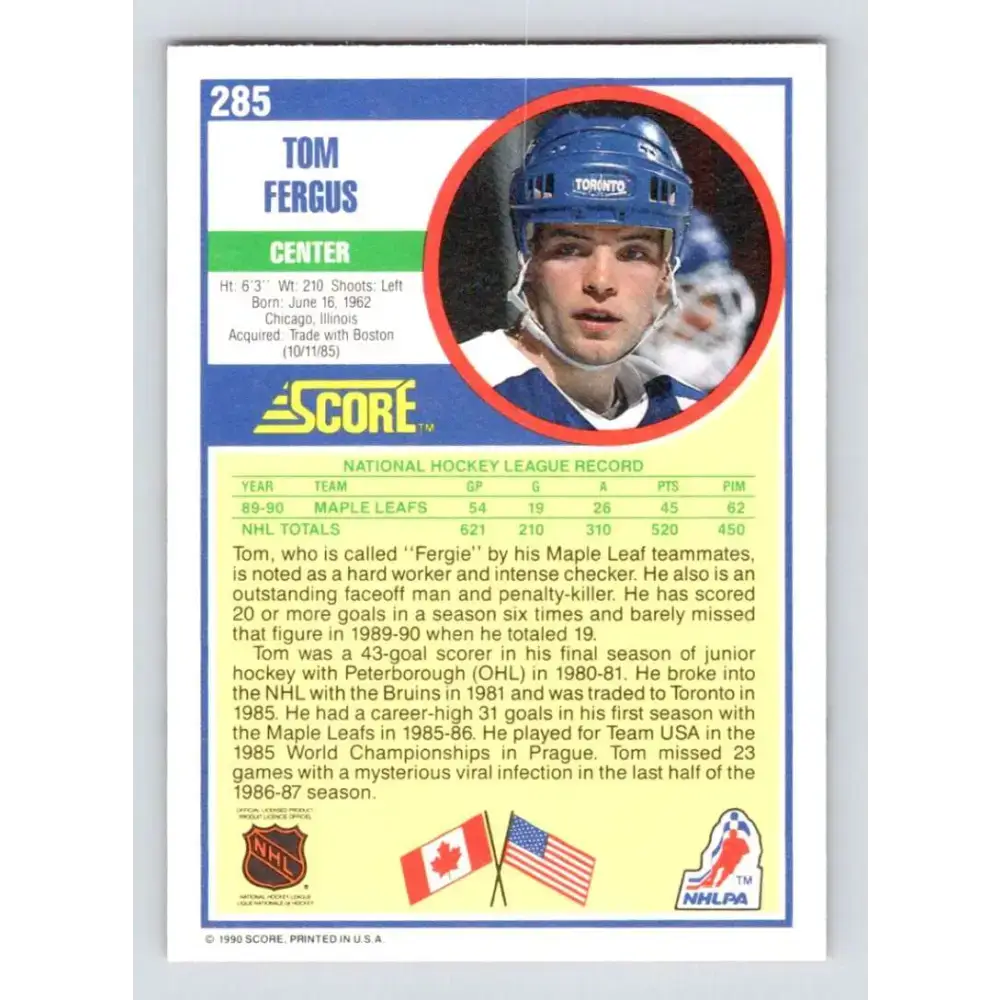 1990-91 Score #285 Tom Fergus NM-MT Toronto Maple Leafs Hockey Card - Hockey Card Single