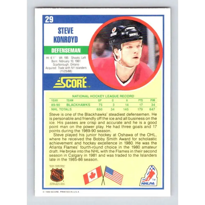 1990-91 Score #29 Steve Konroyd NM-MT Chicago Blackhawks Hockey Card - Hockey Card Single