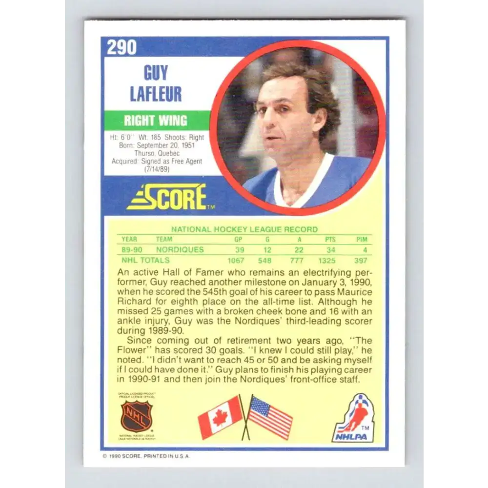 1990-91 Score #290 Guy Lafleur NM-MT Quebec Nordiques Hockey Card - Hockey Card Single
