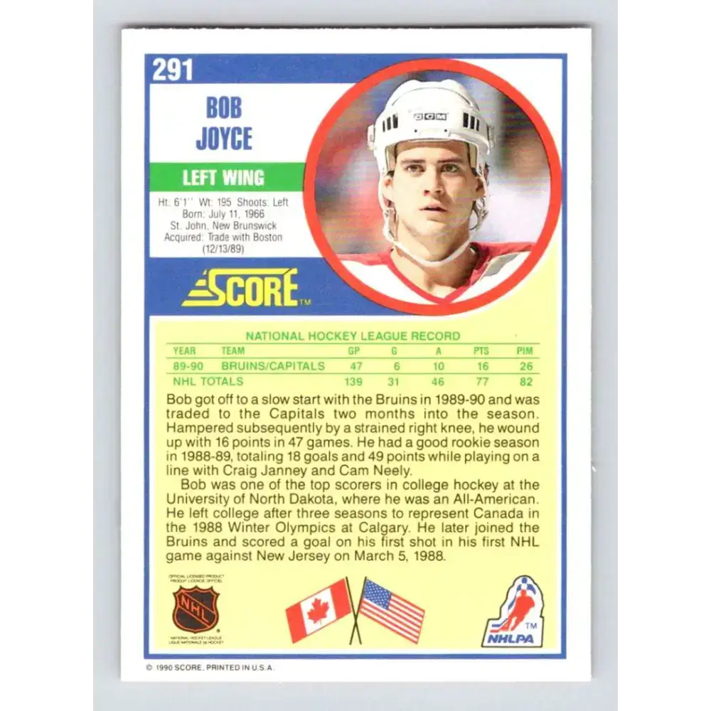 1990-91 Score #291 Bob Joyce NM-MT Washington Capitals Hockey Card - Hockey Card Single