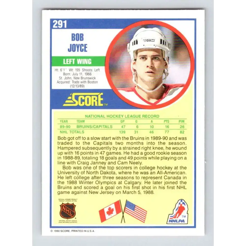 1990-91 Score #291 Bob Joyce NM-MT Washington Capitals Hockey Card - Hockey Card Single