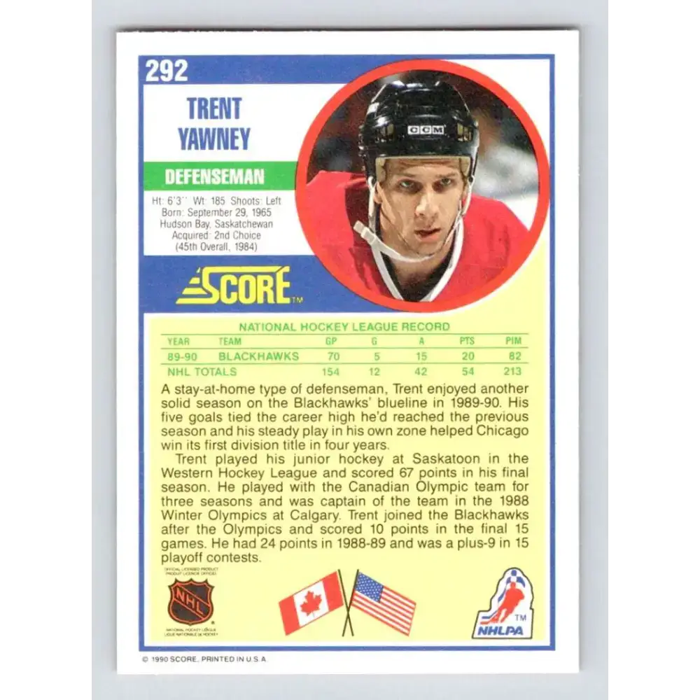 1990-91 Score #292 Trent Yawney NM-MT Chicago Blackhawks Hockey Card - Hockey Card Single
