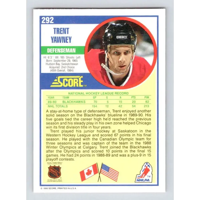 1990-91 Score #292 Trent Yawney NM-MT Chicago Blackhawks Hockey Card - Hockey Card Single
