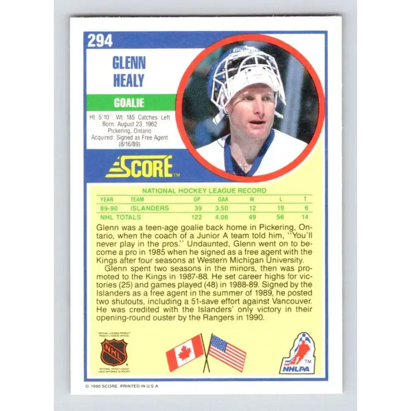 1990-91 Score #294 Glenn Healy NM-MT RC Rookie New York Islanders Hockey Card - Hockey Card Single