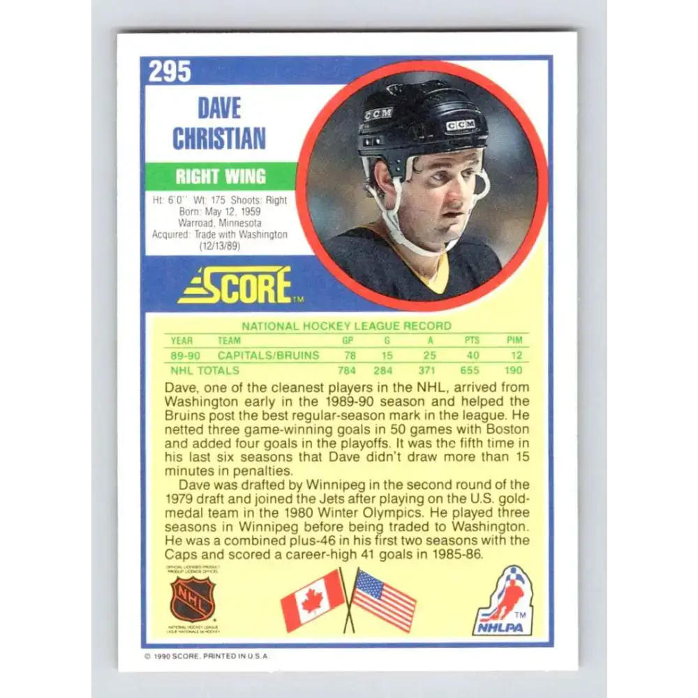 1990-91 Score #295 Dave Christian NM-MT Boston Bruins Hockey Card - Hockey Card Single