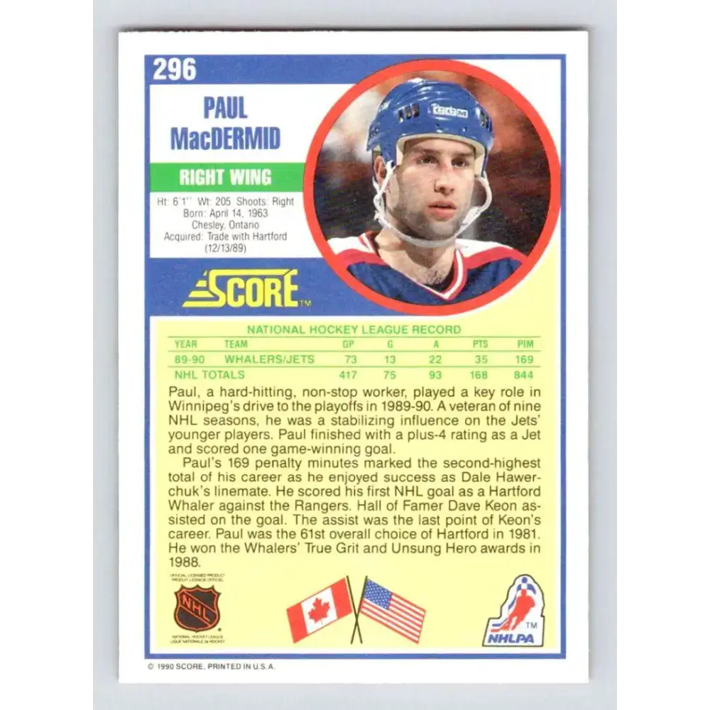1990-91 Score #296 Paul MacDermid NM-MT Winnipeg Jets Hockey Card - Hockey Card Single