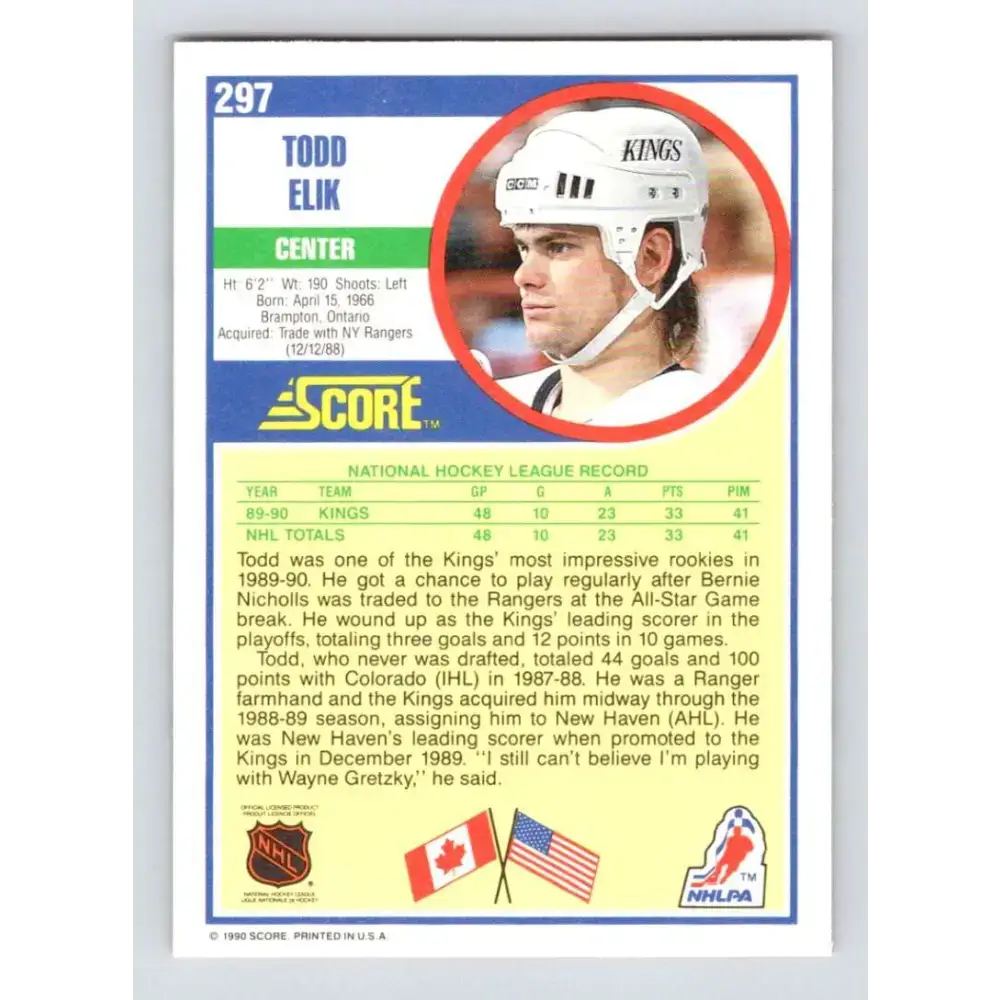 1990-91 Score #297 Todd Elik NM-MT RC Rookie Los Angeles Kings Hockey Card - Hockey Card Single