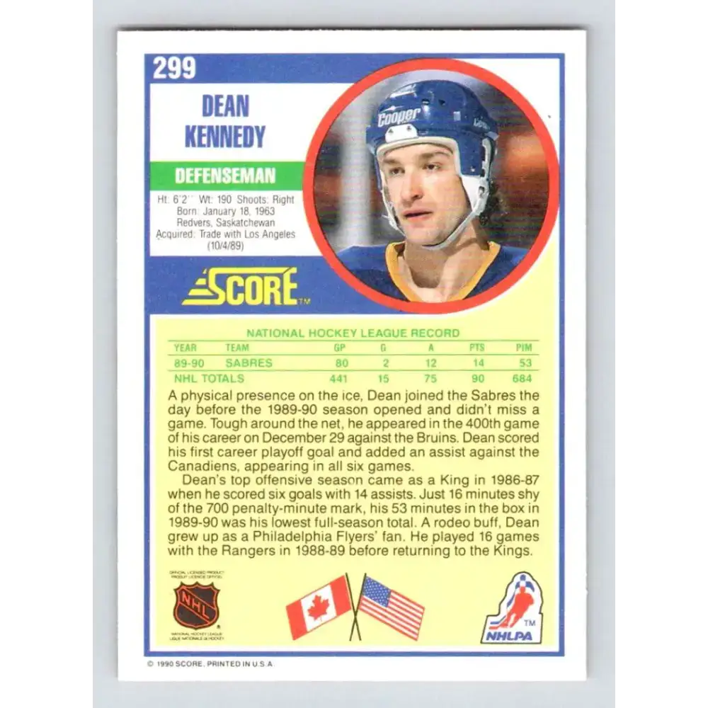 1990-91 Score #299 Dean Kennedy NM-MT RC Rookie Buffalo Sabres Hockey Card - Hockey Card Single