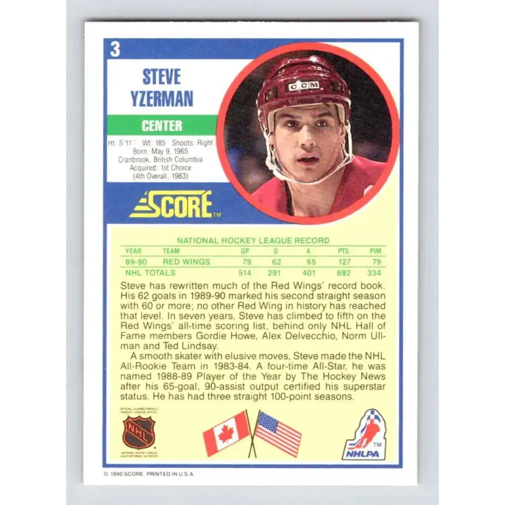 1990-91 Score #3 Steve Yzerman NM-MT Detroit Red Wings Hockey Card - Hockey Card Single
